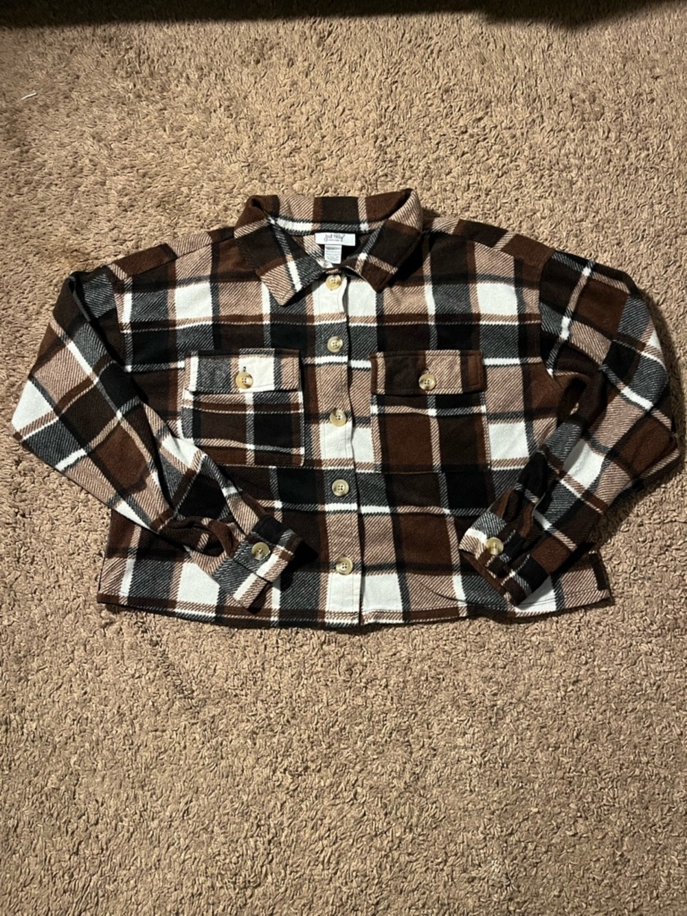 Cropped Plaid Button-Up Shacket in Brown & Cream